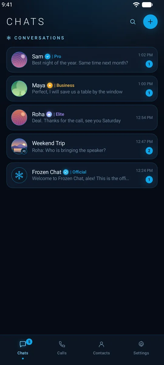 Frozen Chat chat list with encrypted one-to-one chats and a group