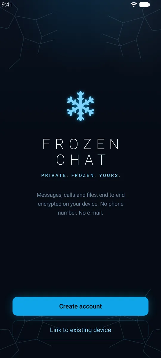 Frozen Chat welcome screen with Create account and Link existing device