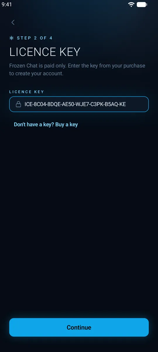 Entering a licence key in Frozen Chat
