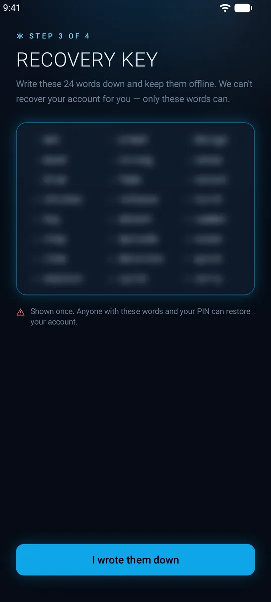The 24-word Recovery Key screen in Frozen Chat