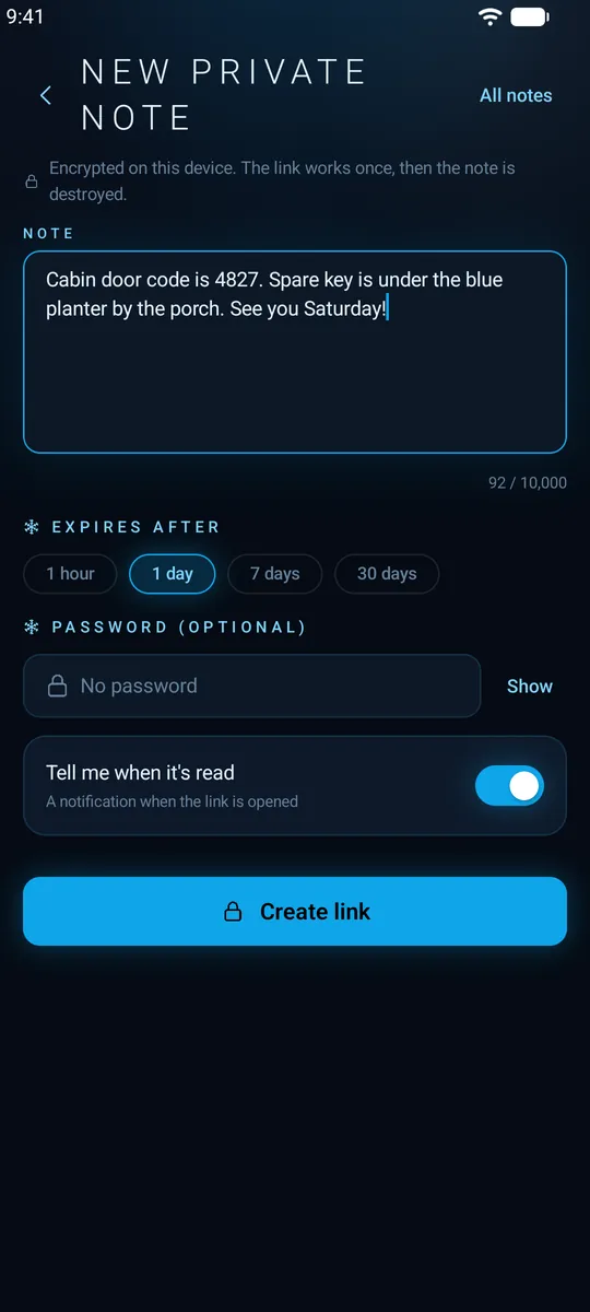 Creating a self-destructing private note in Frozen Chat