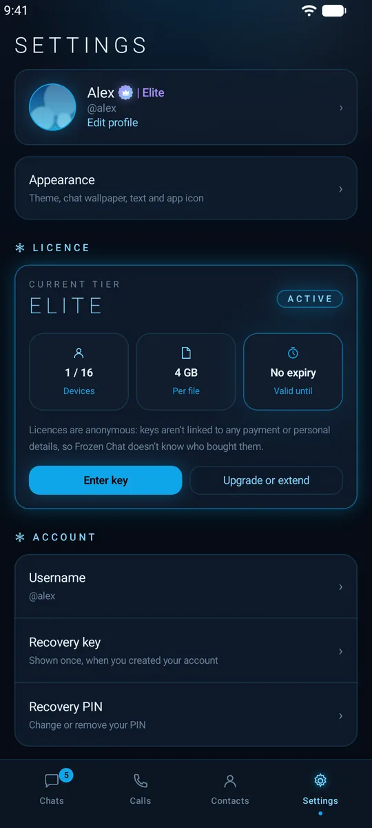 Frozen Chat settings showing the profile and the licence card